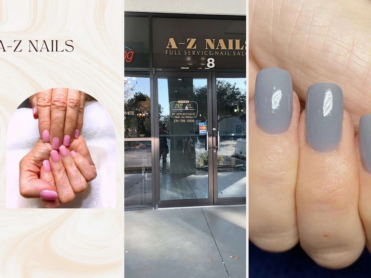 Manicure tools rest near polished nail displays.